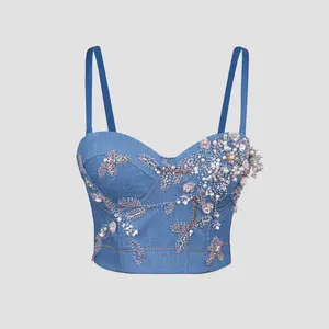 Quality Pearl Tank Tops Beaded sequins Cowboy sexy Women Crop Top Club Clothes Streetwear Corset Woman Shaper vest backless Fashion Feamale Clothing Spaghetti Strap Floral