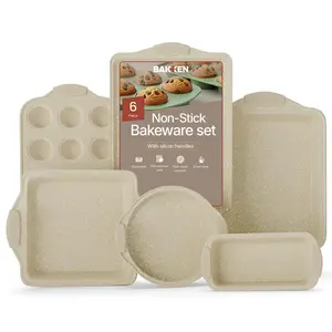 6-Piece Deluxe Nonstick Baking Pan Set - Professional Grade Carbon Steel Bakeware with White Marble Coating & Silicone Handles