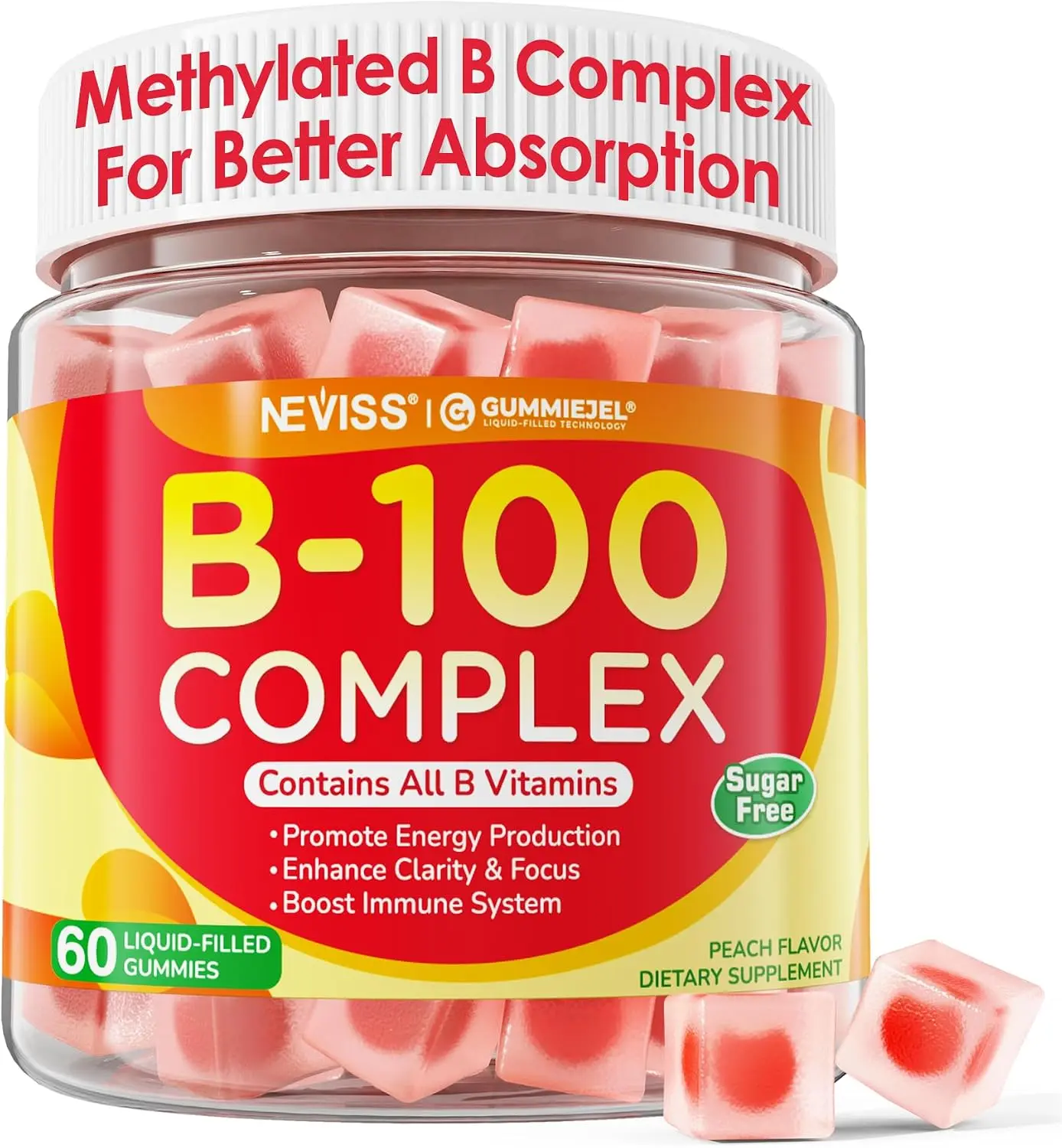 Super Vitamin B Complex Gummies - Methylated B Complex for Women & Men, All B Vitamins, Methyl B12, Methylfolate, Vitamin C, Choline, Inositol, PABA for Energy, Brain & Immune, 0g Sugar, Vegan, 60 Cts