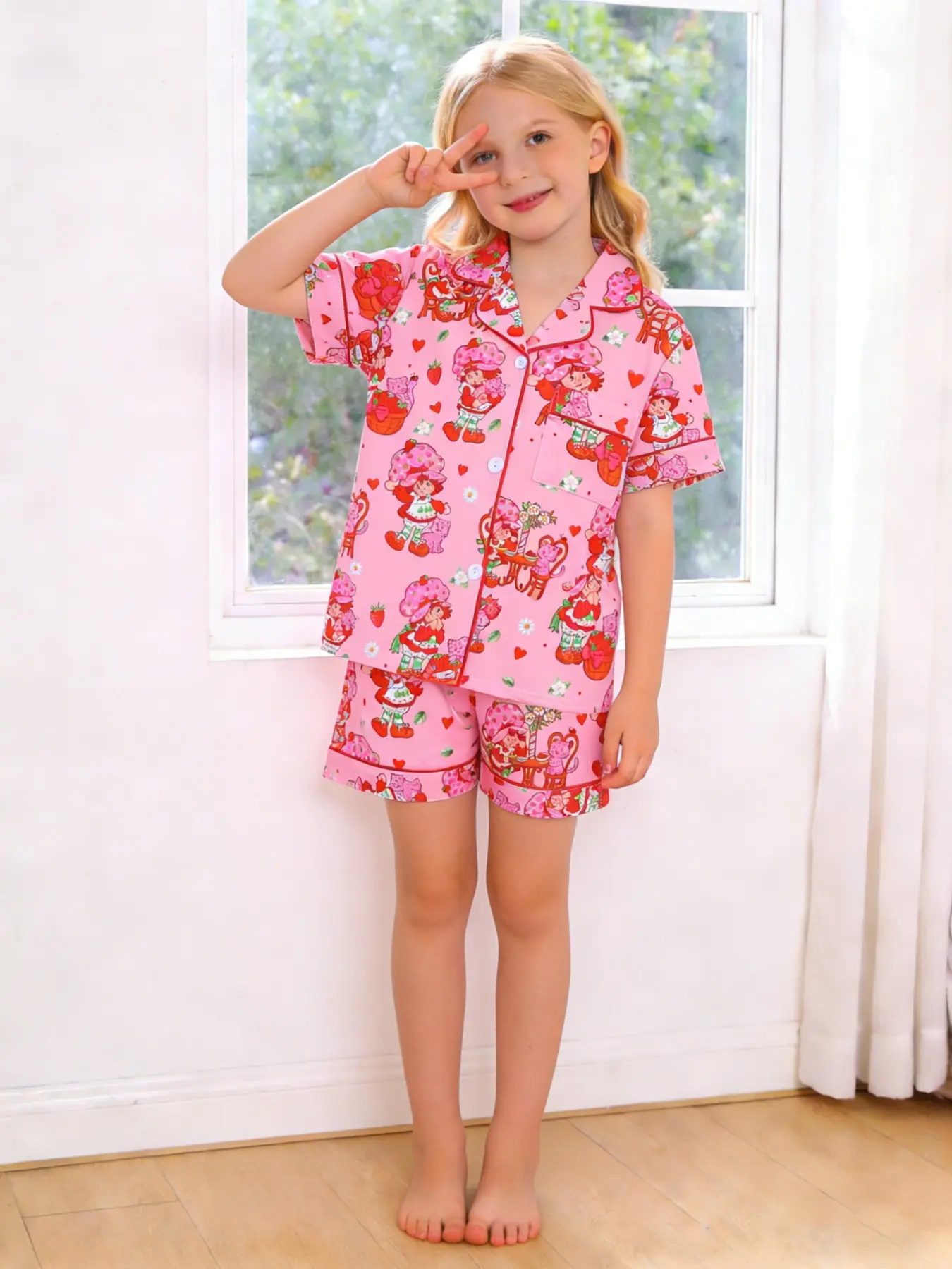 2-piece Children's Fruit Print Pajamas, Strawberry Cartoon Pattern Printed Short Sleeved Shorts, Soft Comfortable Lapel Top with Small Pocket, Elastic Waistband, Daily Casual Home Set Sleepwear Pajamas, Summer Pjs