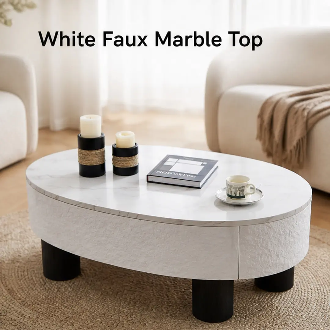 ARCH Oval Coffee Table with Faux Marble Top, Mid Century Modern Center Table with Hidden Drawer and Storage, White+Black Engineered Wood Coffee Table for Living Room Bedroom Office, 23.6x47.2x15.7 in