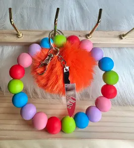 ‘Wanna Play’ Wristlet Keychain w/Pom Pom & Knife Charm