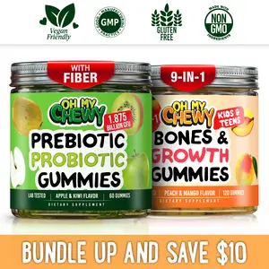 OH MY CHEWY Bones & Growth + Prebiotic, Probiotic and Fiber Gummies Bundle – 2 Bottles (60 Each) – Peach Mango & Apple Kiwi Healthy Snacks