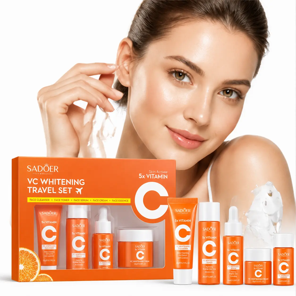 Vitamin C Skincare Set for Face, Travel Size Skin Care Kit with Cleanser Toner Serum Cream, Vitamin  Niacinamide Brightening Facial Care Routine, Hydrating Moisturizing Lightweight Formula, Daily Beauty Essentials Gift Set for Women All Skin Types