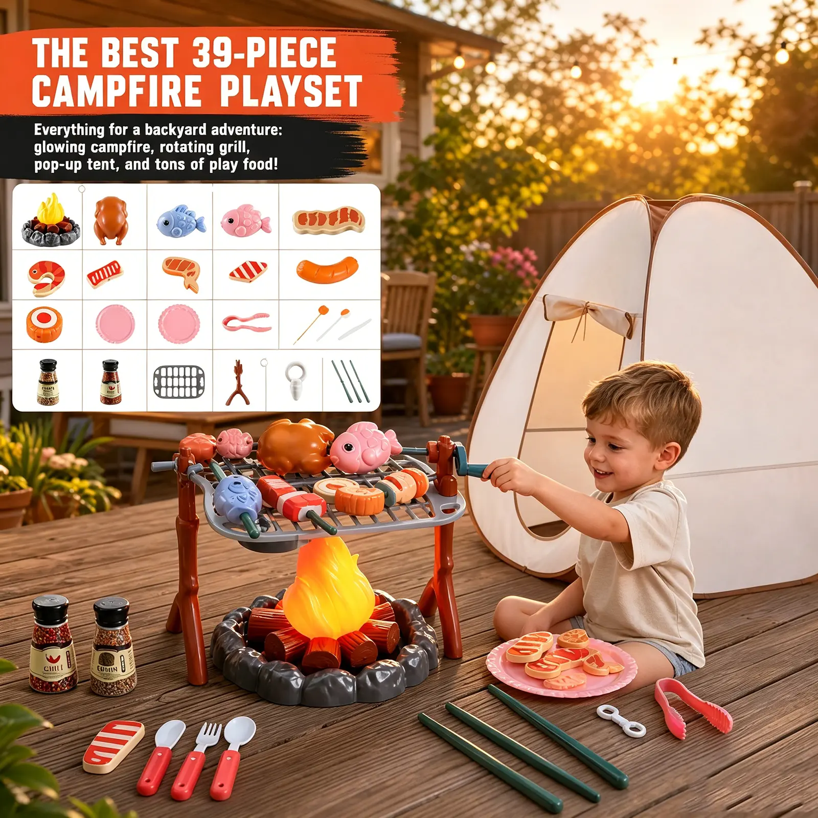 A 39-piece camping tent pretend play toy set with lighting and sound effects, including an outdoor kitchen and picnic toys. It is the ultimate adventure gift for children over 3 years old.
