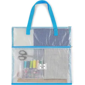 16.1x16.1inches Sew Project Bag  Sew Quilting Bag for Quilters and Crafter Portable and Organized Storage Mesh Vinyl Zipper Storage Pouch for Art and Wearable Craft(Blue)