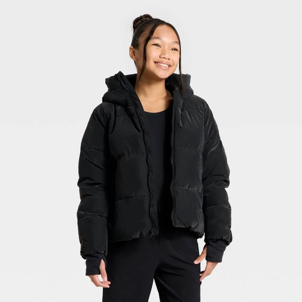 All In Motion Girls' Midweight Puffer Jacket - Water-Resistant Hooded Coat, Zip Up Jacket, Warm Jacket