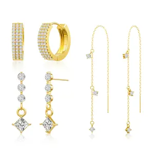 14K Gold Plated Chain Earrings for Women 3 Pairs Dangle Dainty Stack Hoop Earrings Set Trendy Cubic Zirconia Stud Earrings for Women Jewelry，Valentine's Day Gift