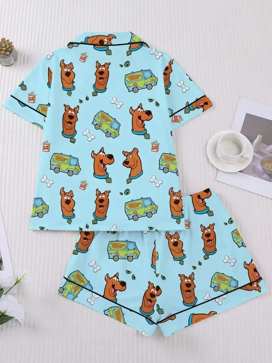[S-5XL] Women's Cartoon Pajama Set, Loungewear, Pyjamas, Pjs, Short Sleeve Button Front Top & Elastic Shorts, Elegant Fitted Sleepwear, Comfortable Homewear
