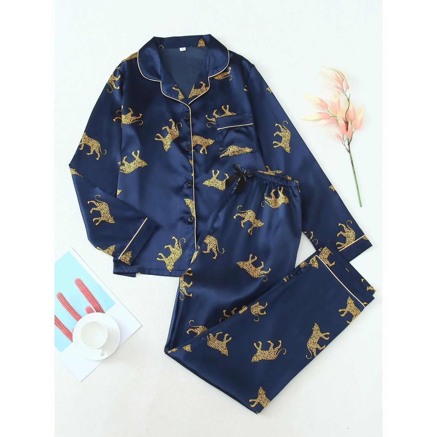 Elegant Satin Leopard Print Long Sleeve Pajama Set for Women