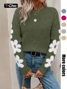 Women's New Loose Round-Neck Floral Pattern Long-Sleeve Pullover Sweater for Autumn and Winter, Elegant Casual Knitwear