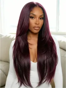 5X5 Glueless HD Lace Front Wig Human Hair Wig 99J Burgundy Color Bone Straight Hair Pre-Plucked Hairline And Baby Hair No Glue For Women 180% Density Lace Frontal Wig Glueless Human Wigs Glueless Ready To Wear Wig