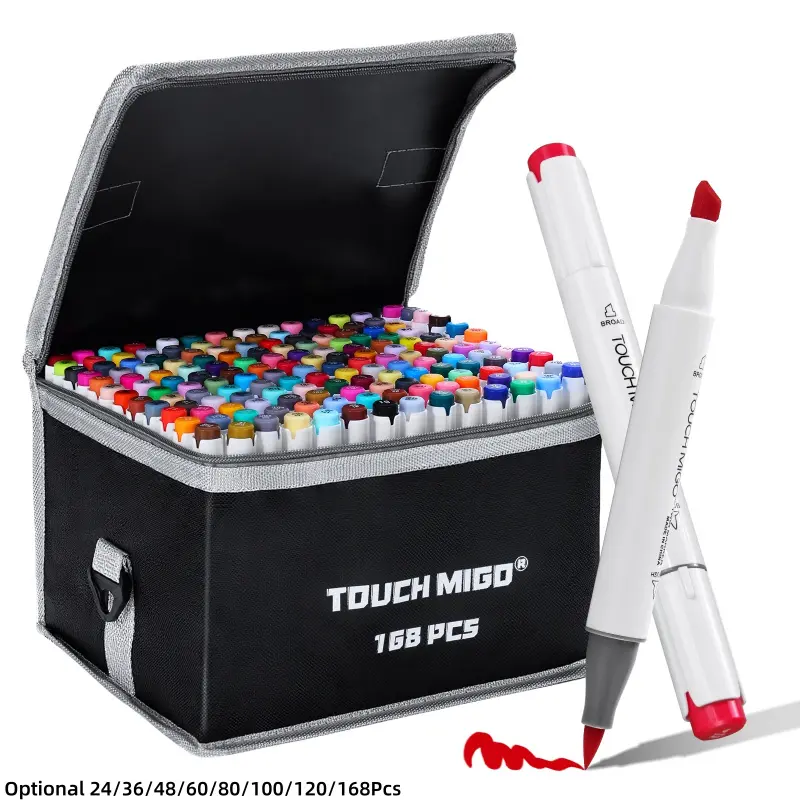 TOUCHMIGO Brush Markers,24/36/48/60/80/100/120/168 Color Double Tipped Alcohol-based Art Marker Set for Artist Adults Coloring Illustration,Drawing, Sketching,Brush & Chisel Dual Tips,Refillable Ink with Carrying Case