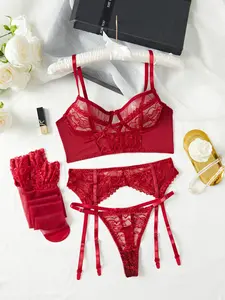 Christmas Five-Piece Set Sexy Lingerie Elegant Romantic Aesthetic Hot Tempting Stockings Straps Lace Wireless Comfortable Women's Underwear with Halter Design