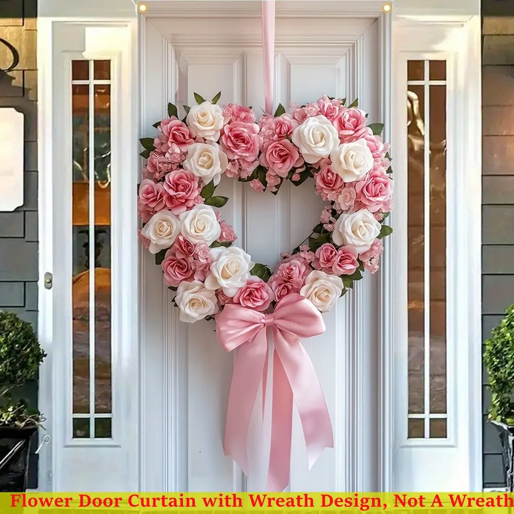 2D Pink Floral Heart-Shape Polyester Door Banner, Valentine's Day Door Cover Decoration, Flower-Themed Festive Home Accessory (Not a Wreath)