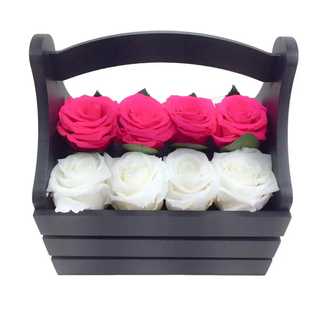 Black Basket Wooden Box / 8 Large White Roses + 4 Large Hot Pink Roses / Eternal Fresh Flower