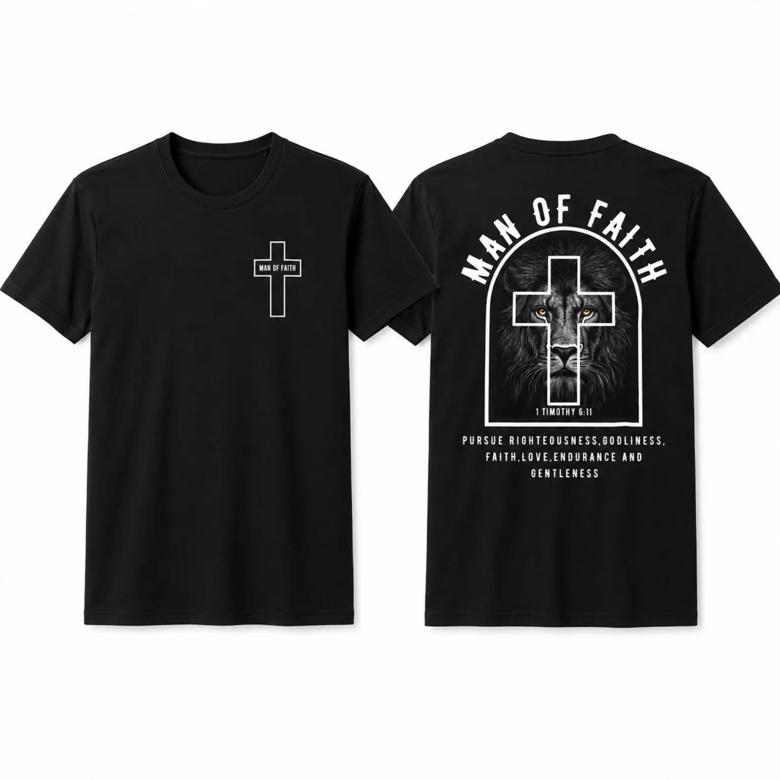 Men's Short-Sleeve Sports T-Shirt - Man of Faith Lion Cross Design, Christian 2 Timothy 6:11 Tee, Faith-Love Theme, Family Gift for Sports Enthusiasts