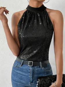 Women's Sequin Halter Top, Summer Clothes Women, Casual Slim Fit Sleeveless Shiny Top for Party Cocktail Evening, Ladies Summer Clothes, Women's Clothing, Womenswear, Clubwear Outfits, Elegant Sexy Glitter Blouse