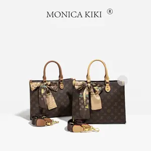 MONICA KIKI Signature Monogram Tote with Detachable Bow Scarf -​  Elegant and vintage-inspired design, feminine，Structured Tote with Signature Hardware - Spacious, crossbody bag for women