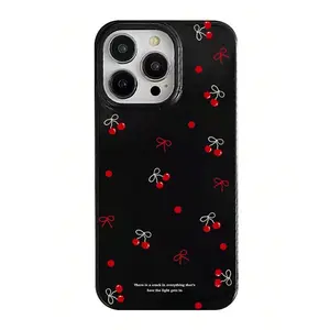 Cherry black Suitable for iPhone 17, 16, 15, 14, 13, 12, 11 Pro Max, high-end leather pattern phone case, iPhone 16 Plus, 15 Plus leather phone case for both boys and girls, shockproof phone case