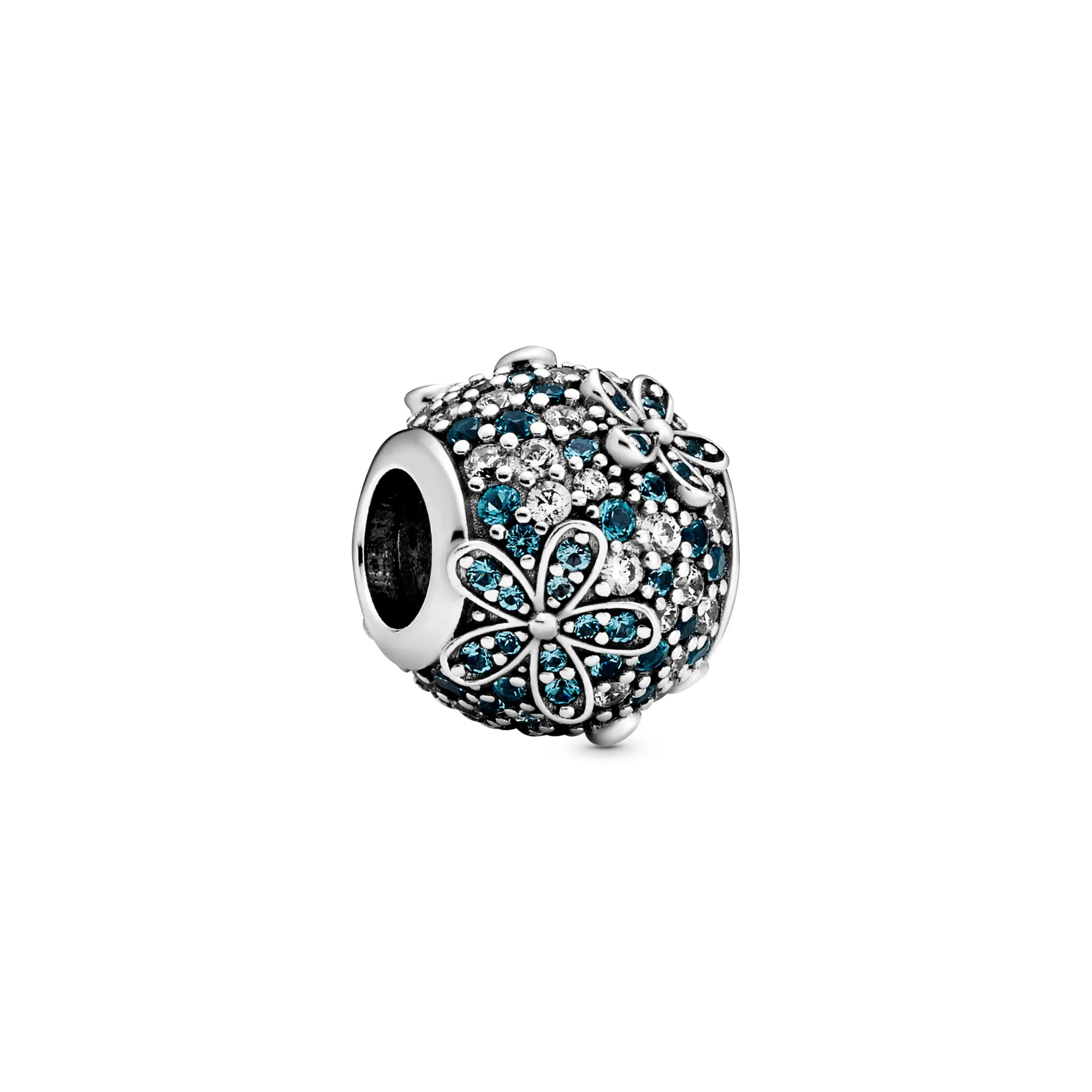 PANDORA Silver Round Daisy Motif Charm 798797C01 - Teal Pave, Icy Green Cubic Zirconia, Hand-Finished, Bling Effect, Multi-Size, Gift-Ready, Celebrate Freedom, Someone Who Makes Your Life Sparkle