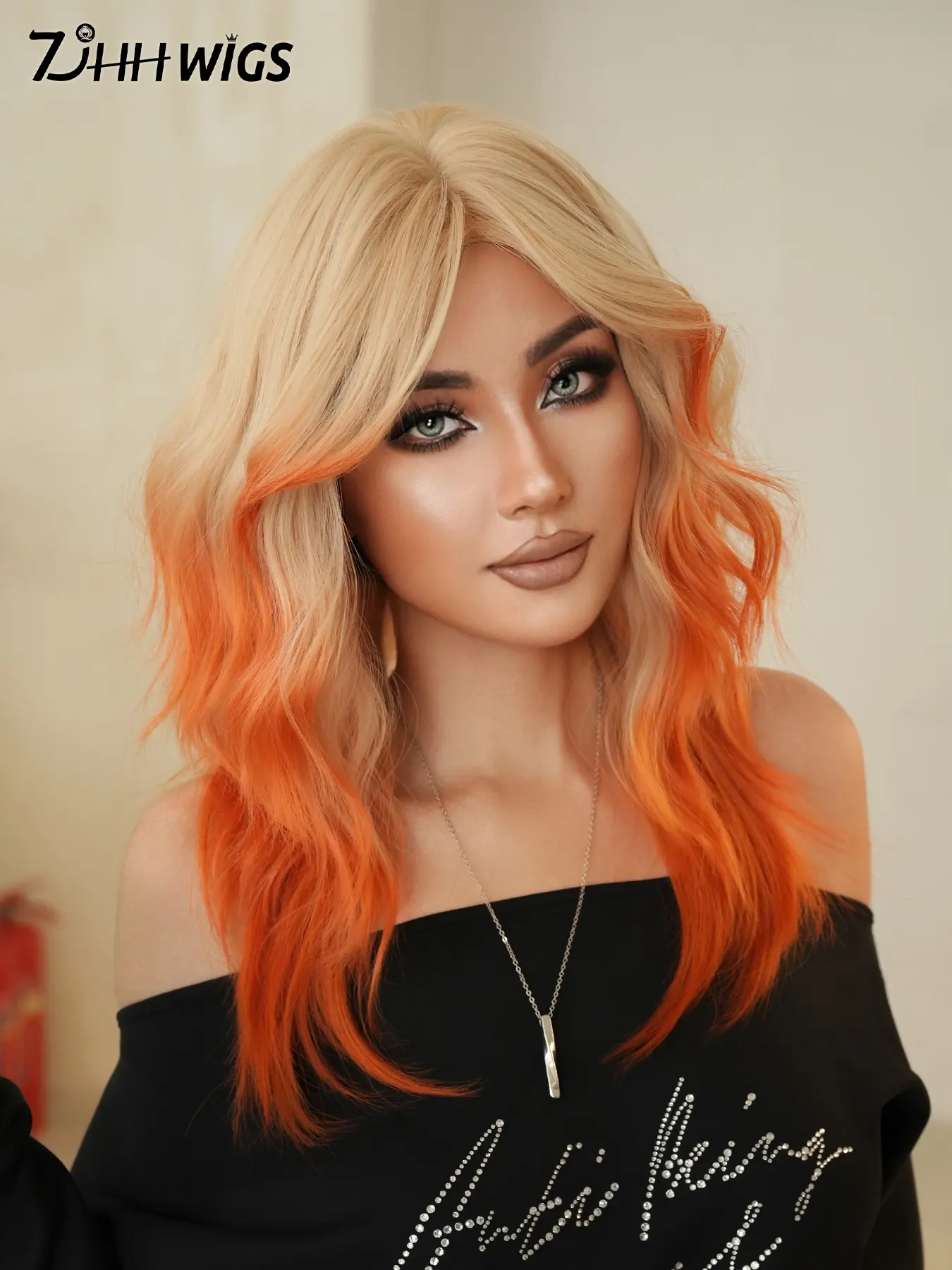 Medium Length Dusk Orange Wavy Wigs, Water Wave Wigs for Women 20 Inch Loose Fluffy Curtain Bangs Wig, Heat Resistant Fiber Hair Synthetic Costume Colorful Wigs for Cosplay Wear, Halloween & Music Festival Party Wigs Accessories, Wig With Bangs