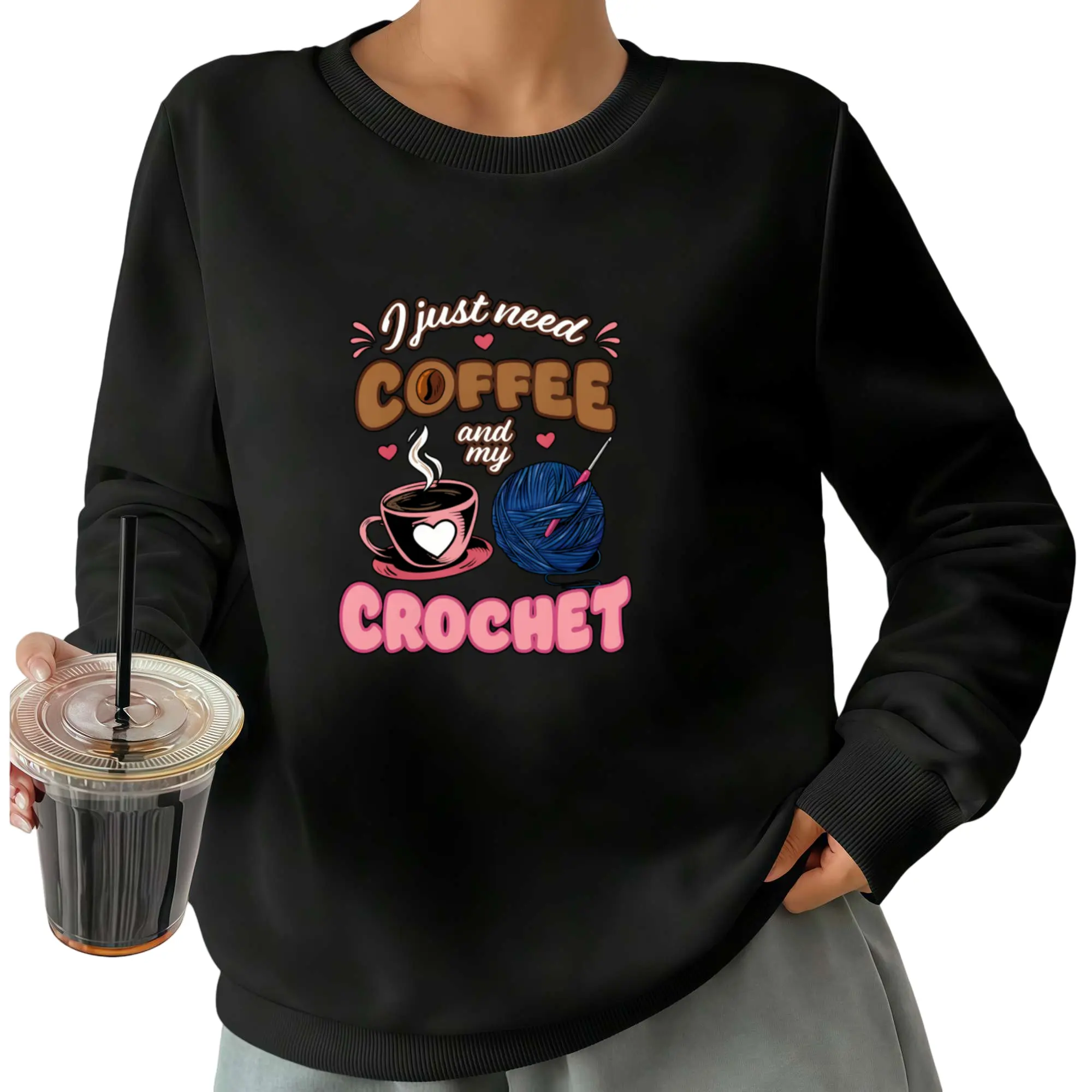 Unisex Long Sleeve Sweatshirt with Colorful Crochet Yarn Graphic – Perfect for Coffee Lovers and Craft Events, Casual Round Neck for Men & Women, Great Fall & Holiday Gift Idea Fabrics Hoodie