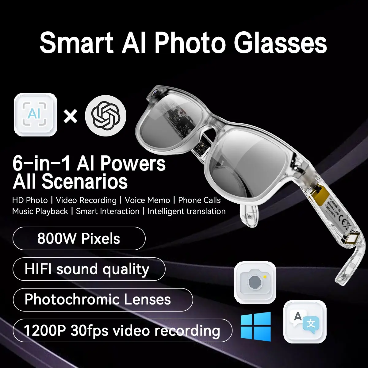 Smart Glasses Ai Eyewear Chatgpt Aimb-G2, Multifunctional Smart Glasses, Wearable Smart Glasses, Wearable Tech Glasses, Camera Recording Glasses, Earphones, Replaceable Sunglasses, Ai Translation, Video Audio, First-Person View, Wireless