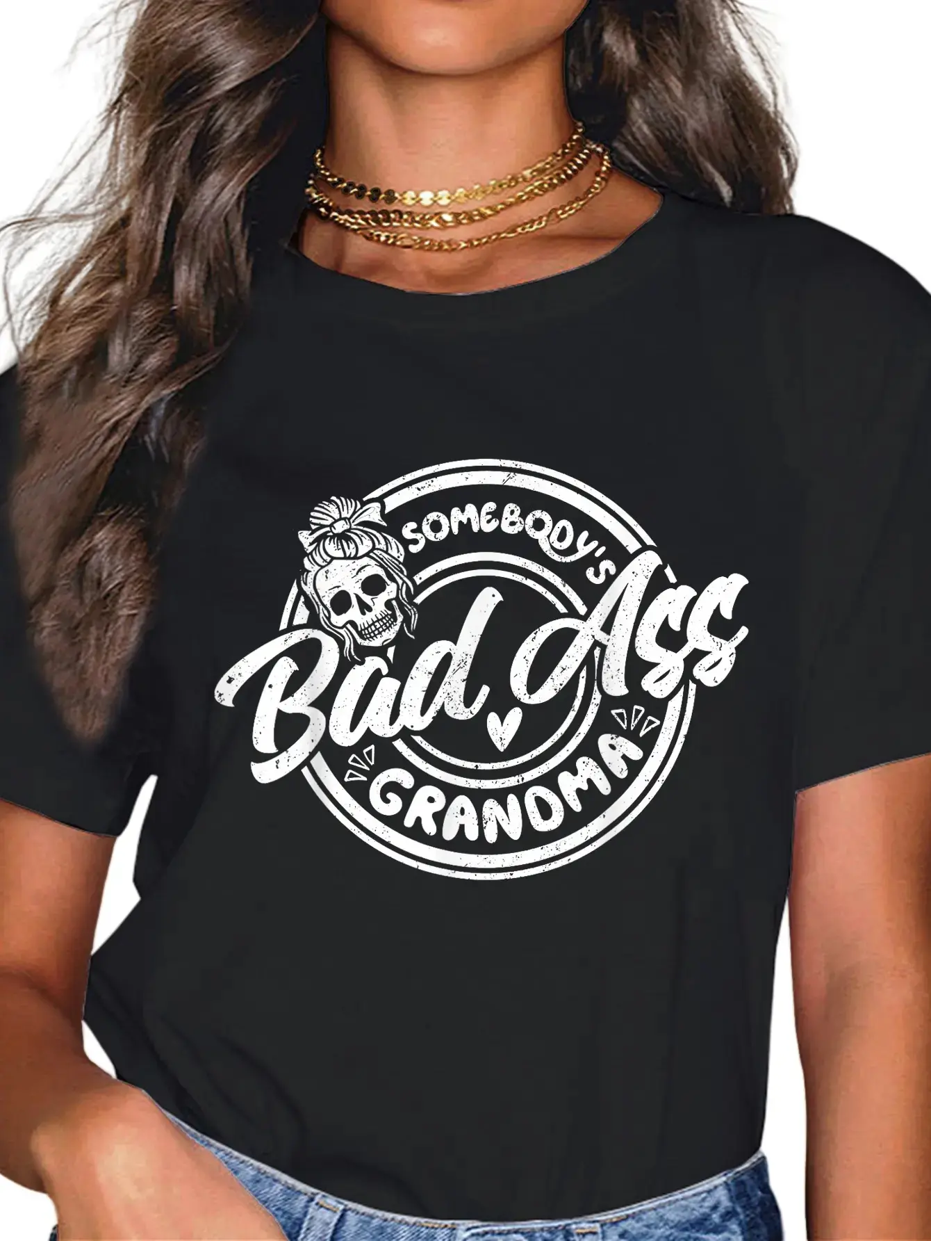 Cotton Funny Grandma Messy Bun Skeleton Somebody’s Badass Grandma T-Shirt