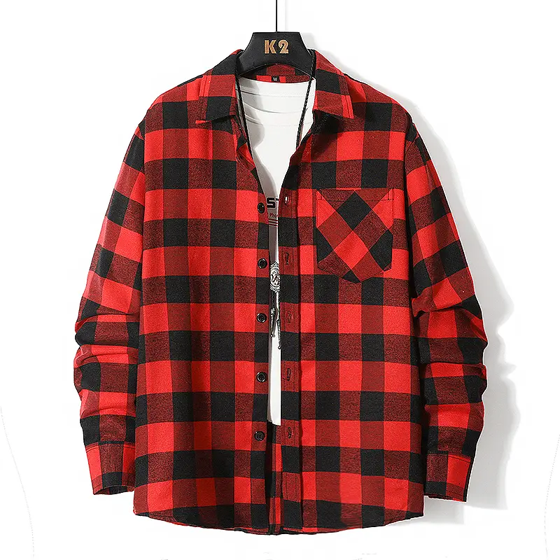 Men's Oversized Red & Black Plaid Flannel Long-Sleeve Button-Down Shirt - Collared Lapel, Single Chest Pocket, Polyester Vintage Tops for Casual Streetwear Menswear