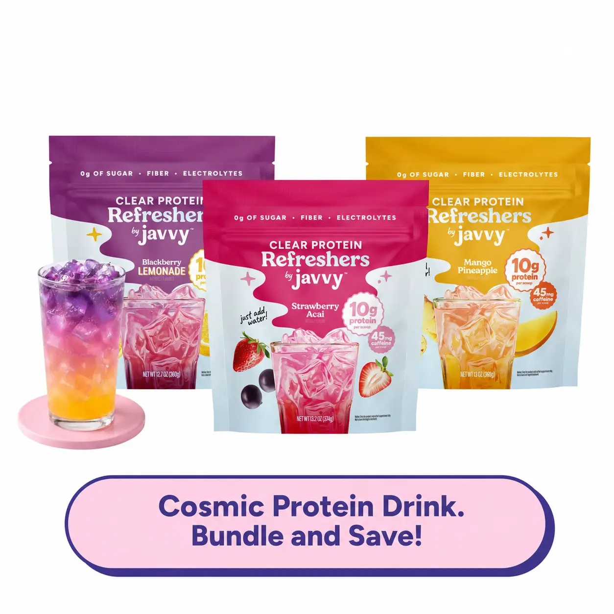 Javvy Cosmic Protein Drink TikTok Exclusive Blackberry Lemonade + Mango Pineapple + Strawberry Acai Refresher Clear Whey Protein Drink Mix, 45mg Caffeine, 0g Sugar, 10g Protein, With Fiber & Electrolytes, 20 Servings Each
