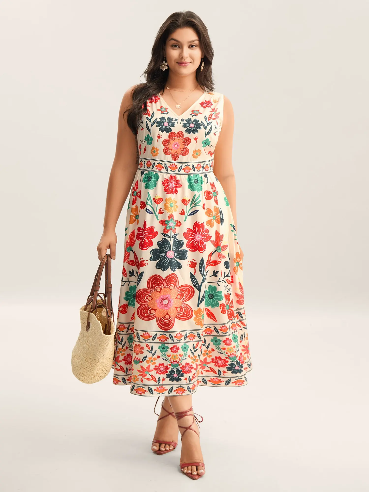 BloomChic Women's Plus Size Bohemian Floral Dress, Sleeveless V-Neck Maxi with Side Pockets and Cinched Waist, Multicolor, Plus Size Clothes, Floral Print, Curvy Clothing, Low Iron