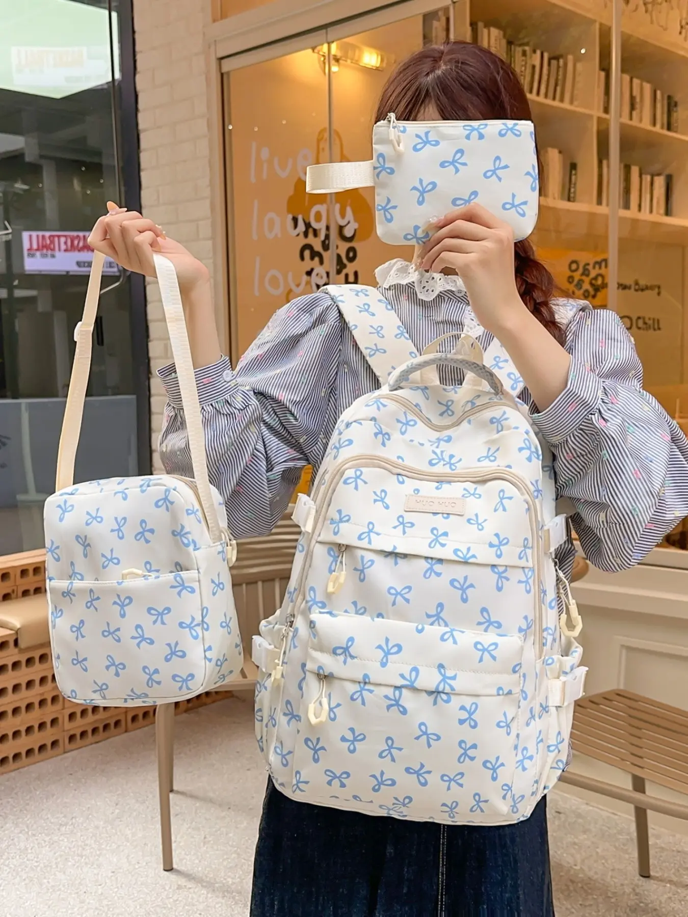 2026 New Cute Waterproof Nylon Backpack, Daypack, Cute Daypacks, Large Capacity School Style High-Quality Girl's Waterproof Zip Backpack Set, All-Over Print, All Seasons