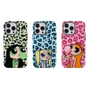 Trendy Leopard Print Powerpuff Girls Phone Case Retro Cartoon Phone Case Compatible for iPhone 17Promax 16 15 14 13 12 11 and for Samsung S21-S25 Perfect Gift for Her/Him
