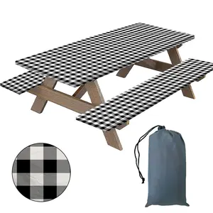 3 Piece Plaid Outdoor Picnic Table Set, Perfect for Patios Parks Camping Parties, Durable Design for All-Weather Use, Picnic Table Cover