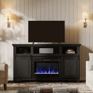 Bestier 60" Farmhouse Fireplace TV Stand for 65" TVs, Sliding Barn Door Entertainment Center with Electric Fireplace Heater, Adjustable Shelves & Storage Cabinets for Living Room
