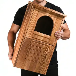 Barred Screech Owl House, 25" Extra Large Owl Bird Box Handmade Wooden Circular Opening for Outside with Mounting Screws and A Bag of Wood Shavings, Easy Assembly Required