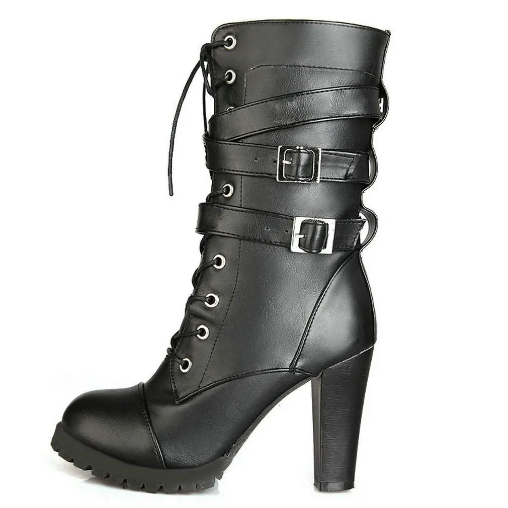 Goth lady's high-heeled boots, thick-soled boots, short boots, sexy round-top lace-up high-heeled ankle-length boots, Gothic style girl's shoes
