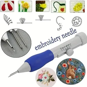 Complete Embroidery Punch Needle Kit with Blue Handle - Includes Multiple Needles & Accessories for DIY Handcraft, Sewing, Knitting Crafts | Versatile Tool for Floral, Bunny, Flower Embroidery & Geometric Embroidery Designs, Embroidery Kit