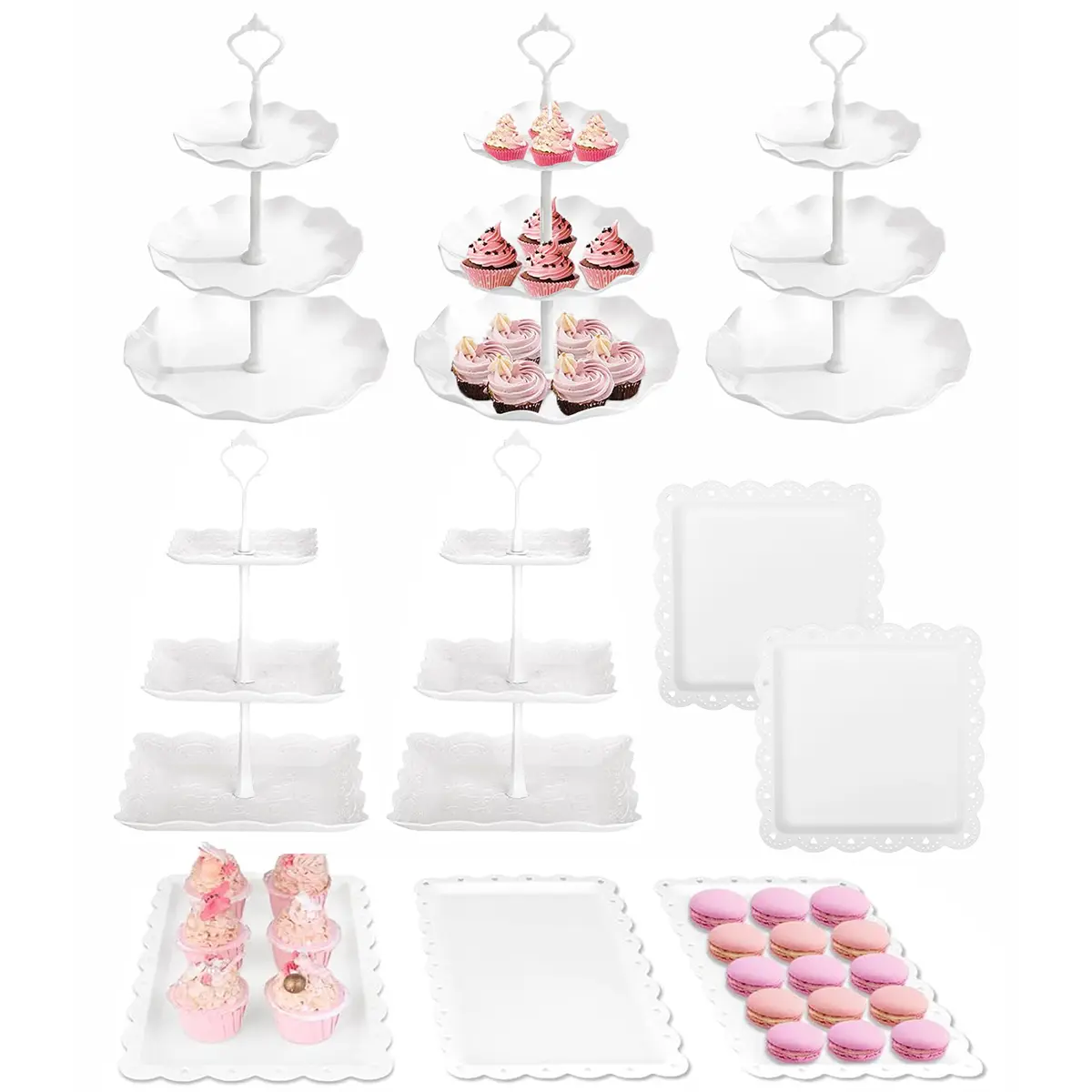 GENNISSY 10-Pc Party Cake Decoration Multi-Tier Display Set - White Plastic Set with Rectangular Stands, 5-Pc 3-Tier Sunflower Plates, 10" & 14" Trays for Wedding, Birthday Decor