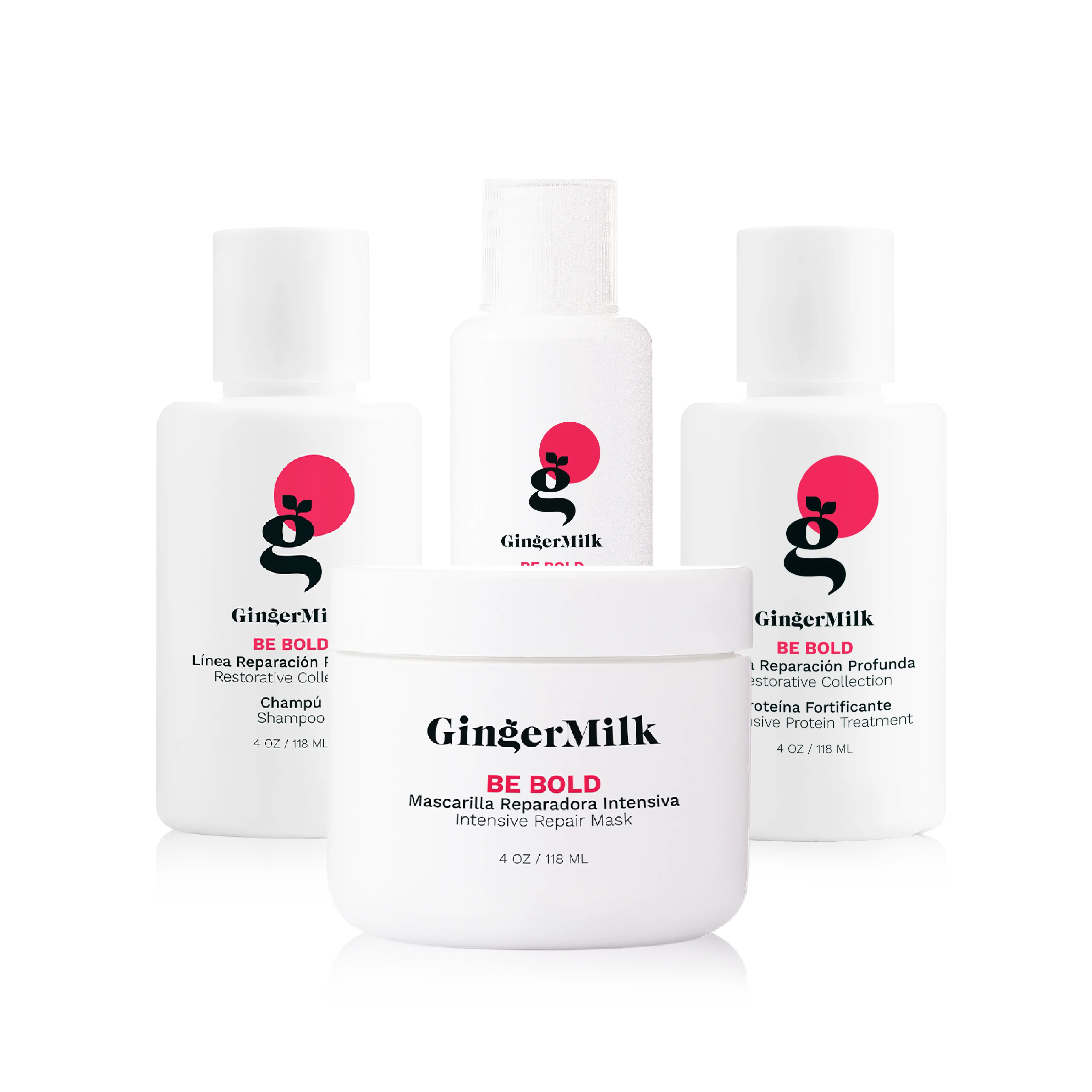 Travel Size Repair Kit, Be Bold | Shampoo 4 oz + Mask 4 oz + Protein Gel 4 oz + Leave-In 2 oz | Strengthening & Repairing Care for Dry, Damaged & Over-Processed Hair | Ginger Milk
