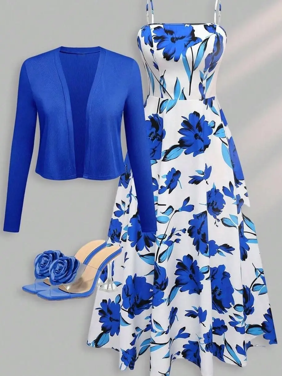 Plus Size Women's 2-Piece Set, Open Front Long Sleeve Jacket And Floral Cami Dress Vacation Outfit