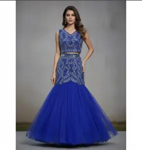 Royal Blue Embellished Mermaid Gown with Exquisite Beadwork & Voluminous Tulle Skirt for Weddings & Special Occasions