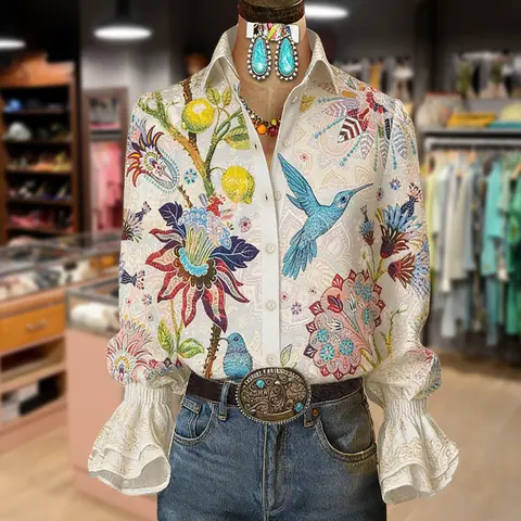 Cherrybetty Vintage Floral Print Flared Cuffs Blouse Sweety Elegant Outfits Women Going Out Tops Tiktok Shop Spring Glow Up Outfit Inspo