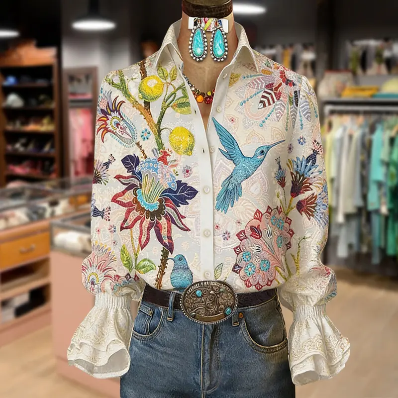 Cherrybetty Vintage Floral Print Flared Cuffs Blouse Sweety Elegant Outfits Women Going Out Tops Tiktok Shop Spring Glow Up Outfit Inspo