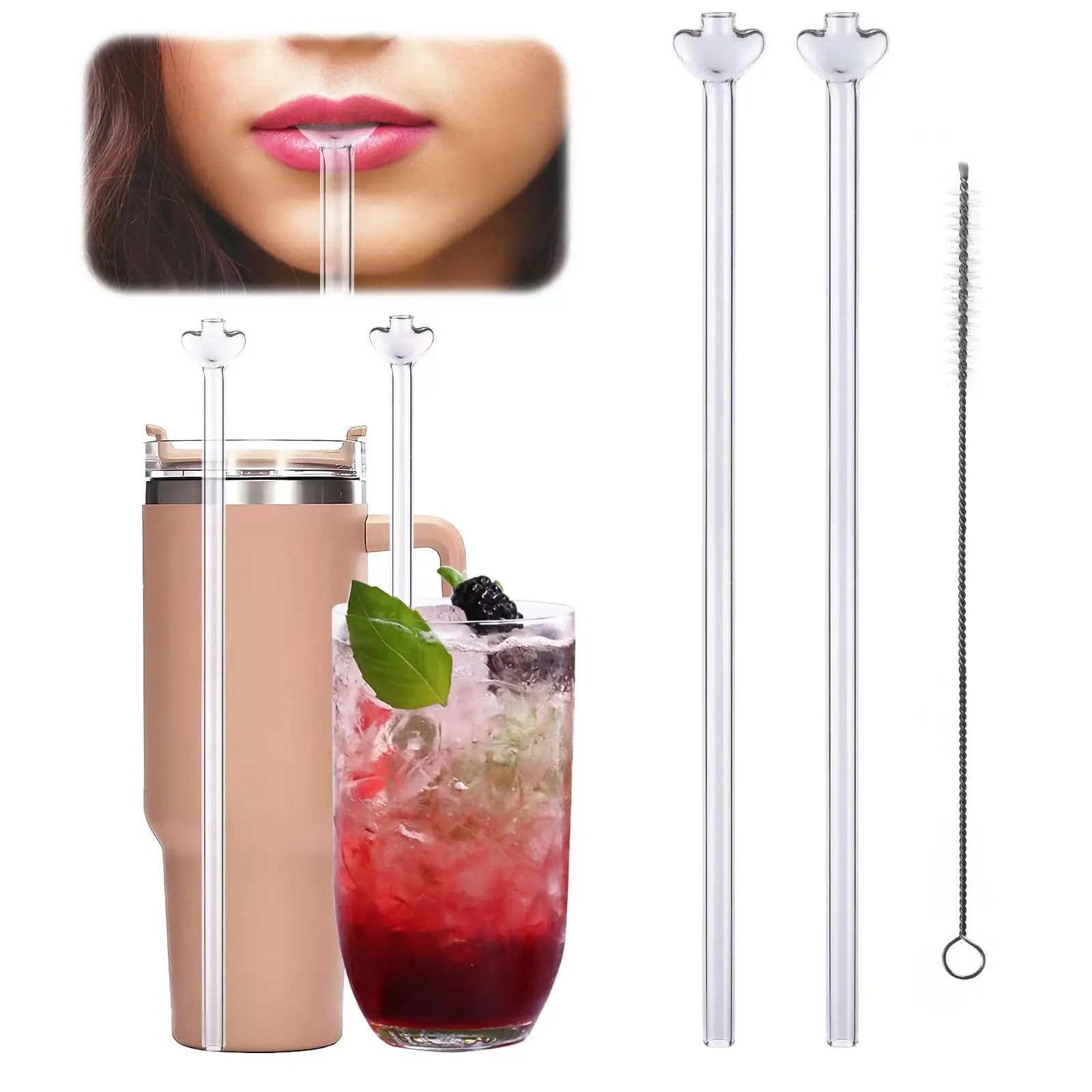 Anti-wrinkle Straws & Cleaning Brush, 2 Counts Reusable Glass Straws & 1 Count Cleaning Brush, Drinking Straws for Water, Tea, Coffee, Drinkware Accessories, Home Bar Accessories
