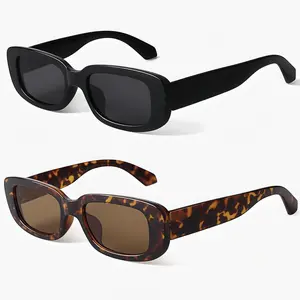 2PCS Retro Rectangle Sunglasses for Women Vintage 90's Fashion Narrow Square Frame UV400 Protection Lightweight Plastic