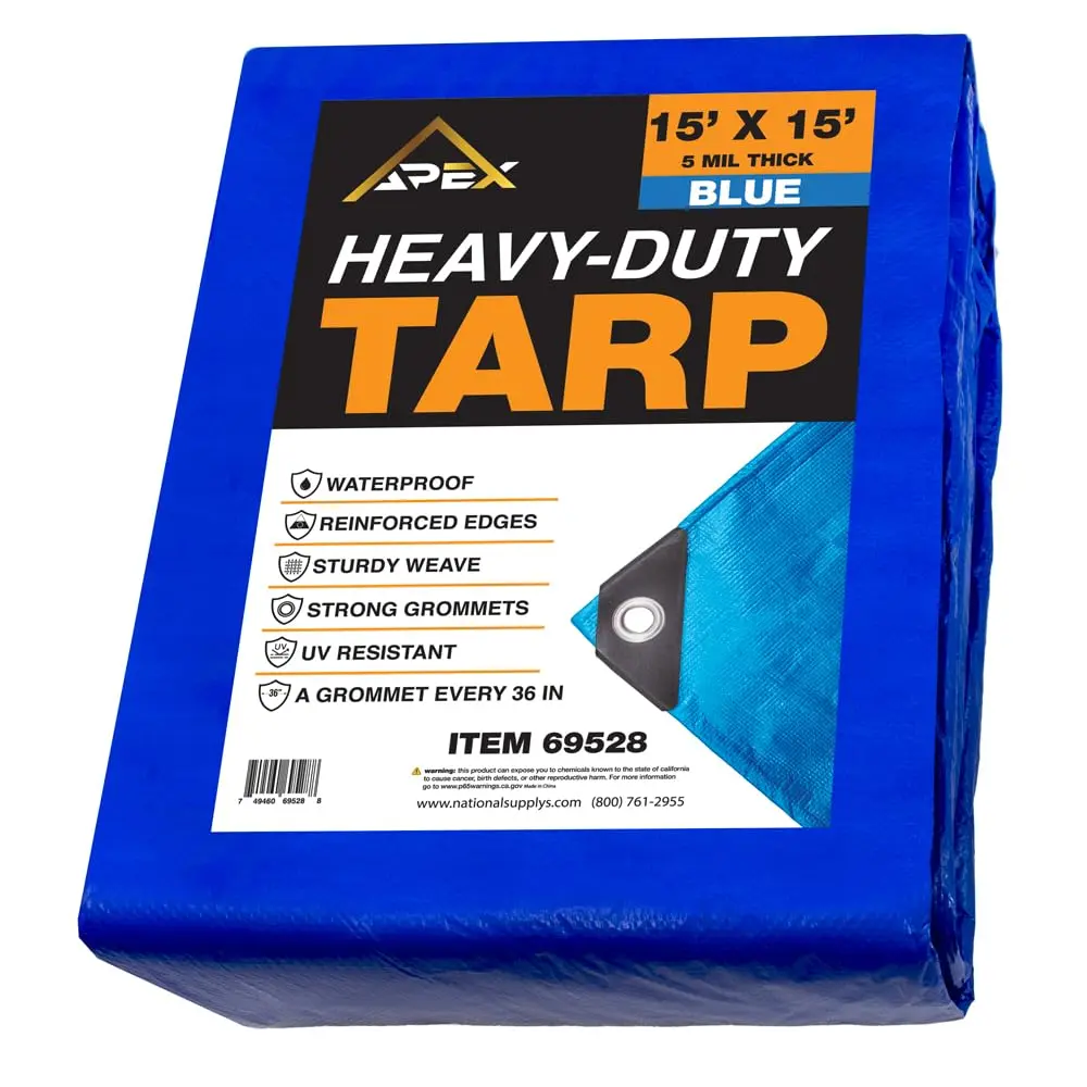 Lightweight Heavy-Duty Blue Polyethylene Tarp - 15x15 ft, 5 MIL, Multipurpose, UV Resistant, Waterproof Protective Cover with Metal Grommets, Reinforced Edges - for Roof, Camping 69528