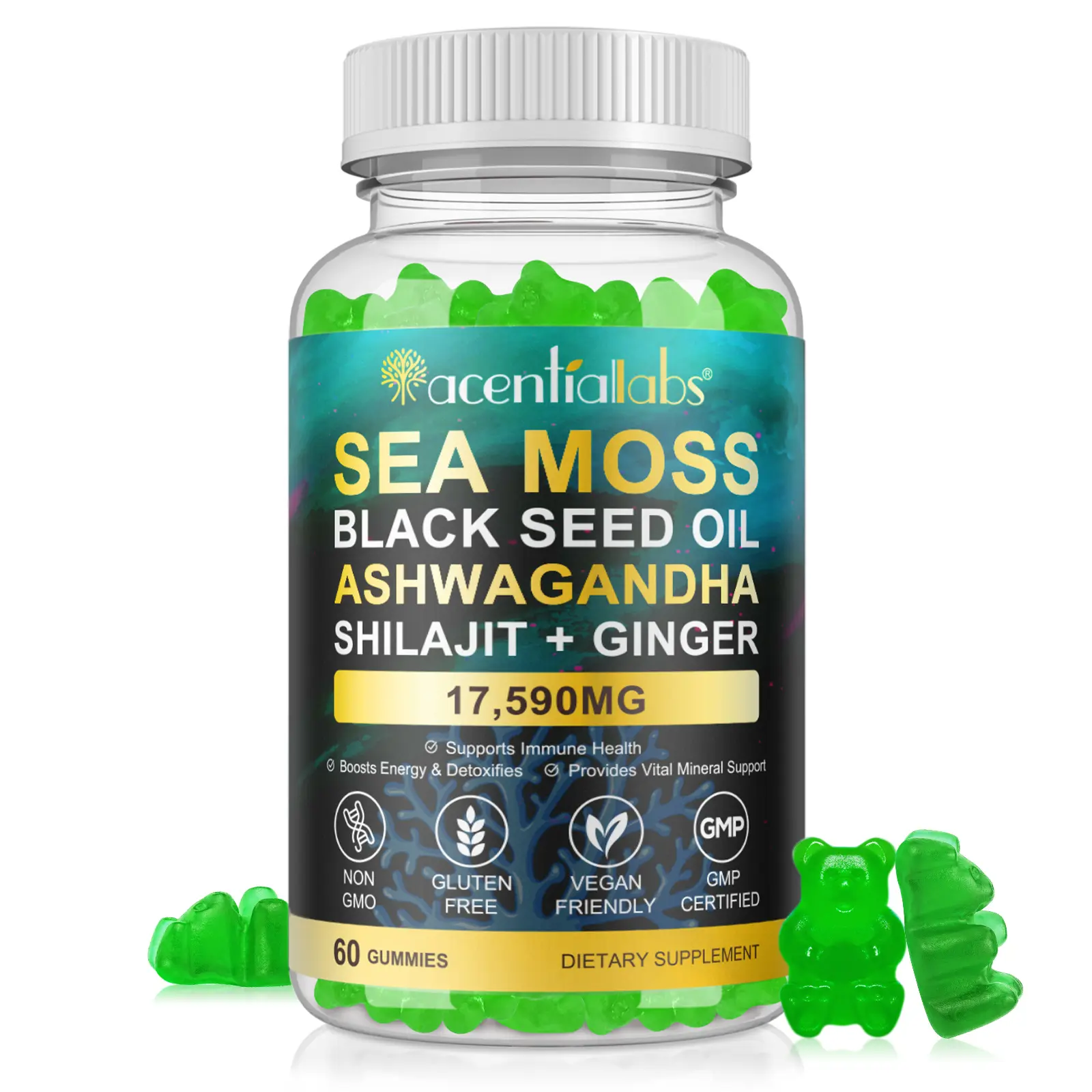 Acentiallabs Sea Moss Gummies - Organic Vegan Chewable 60-Count Supplements with Sea Moss, Bladderwrack, Ashwagandha, Burdock Root for Energy & Immune Support (Fruit Flavor, Summervibes)
