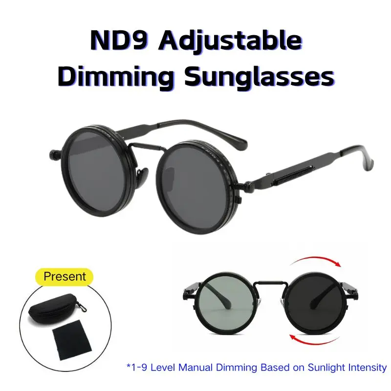 Unisex Steampunk Titanium Full Rim Rounded Polarized Glasses - Classic Round Trendy Frames, 9-Level Precision Dimming Polarised Lens, Resin, Sun Protection, Comfortable for Driving & Outdoor, Microfiber Cloth, All-Weather Eyewear